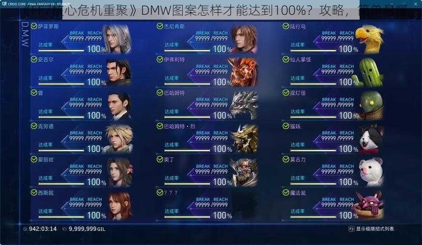 《FF7核心危机重聚》DMW图案怎样才能达到100%？攻略，简单易懂