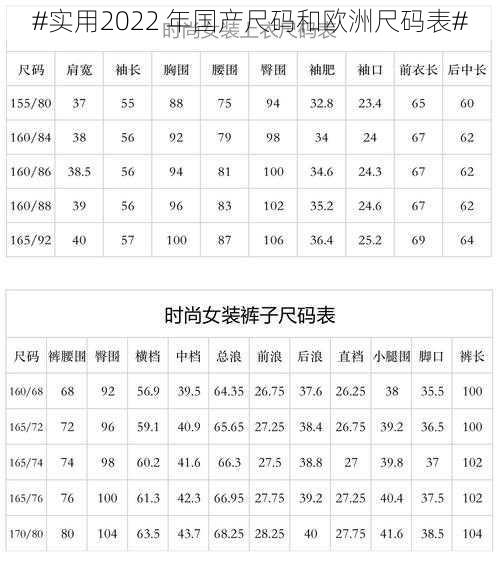 #实用2022 年国产尺码和欧洲尺码表#